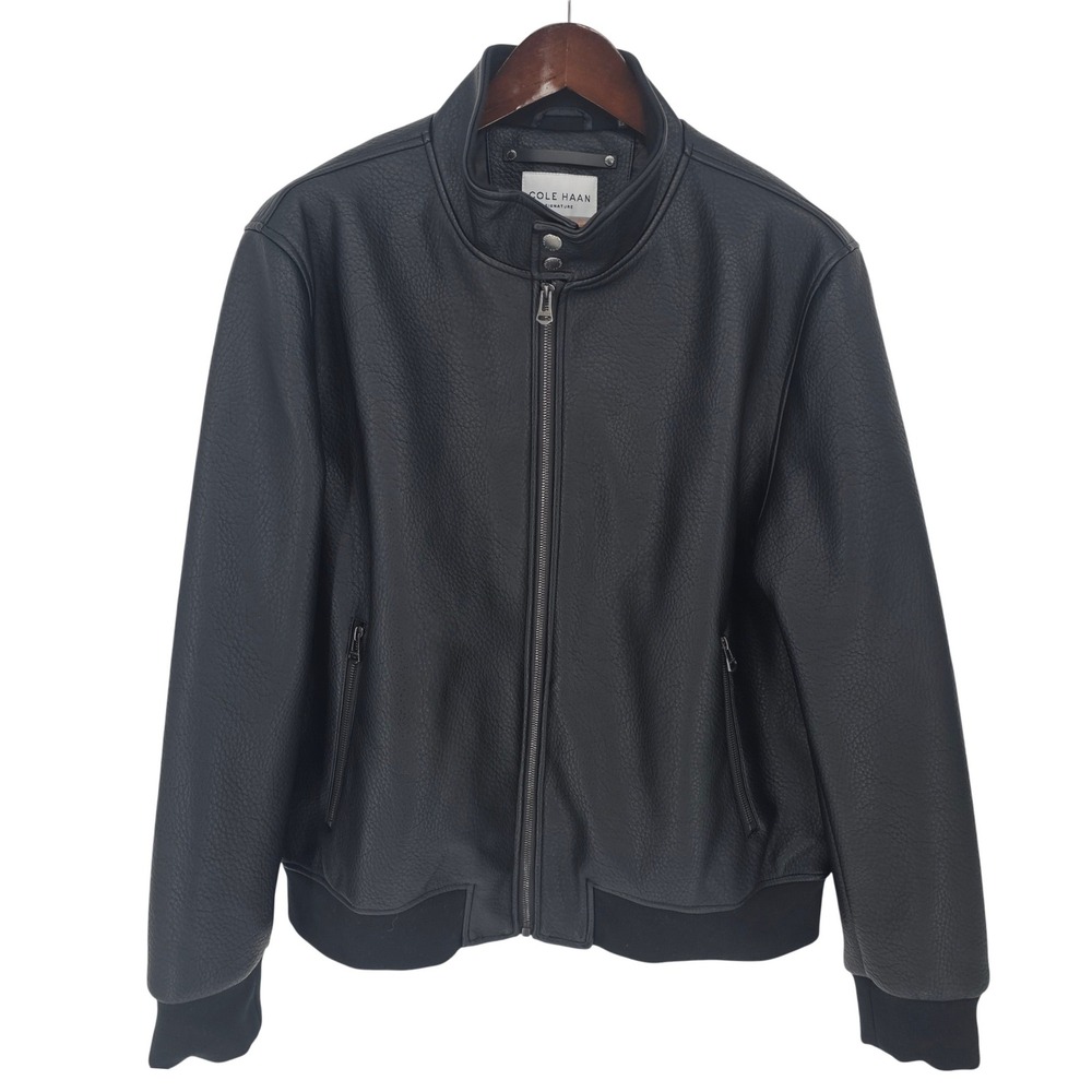 Cole Haan Signature Black Faux Pebbled Leather Bomber Jacket Mens XL Quilt Lined